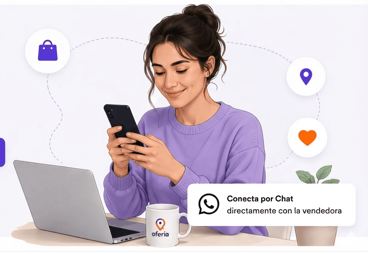 Una compradora revisa productos de catálogo en su teléfono y escribe por chat directamente a la vendedora.